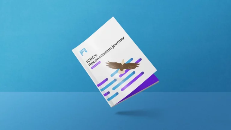 A white booklet titled "ICBC's Reconciliation Journey" with a graphic of an eagle and purple and blue lines.
