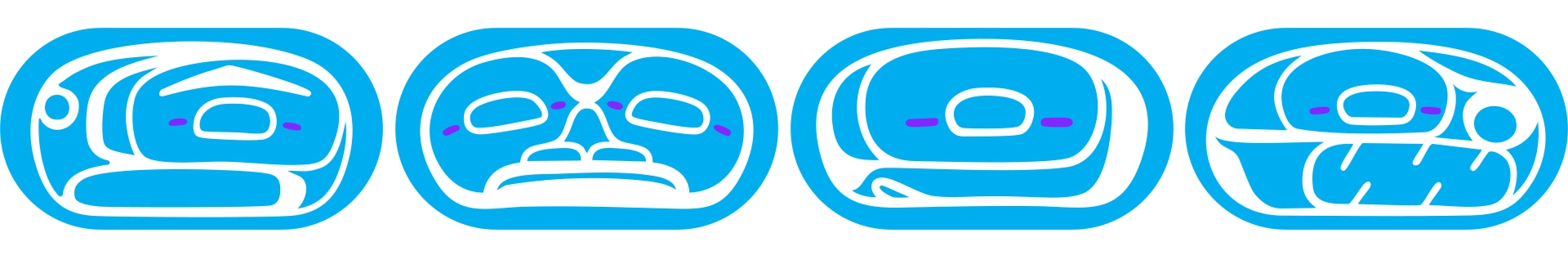Four stylized Indigenous mask designs in white on a bright blue background.