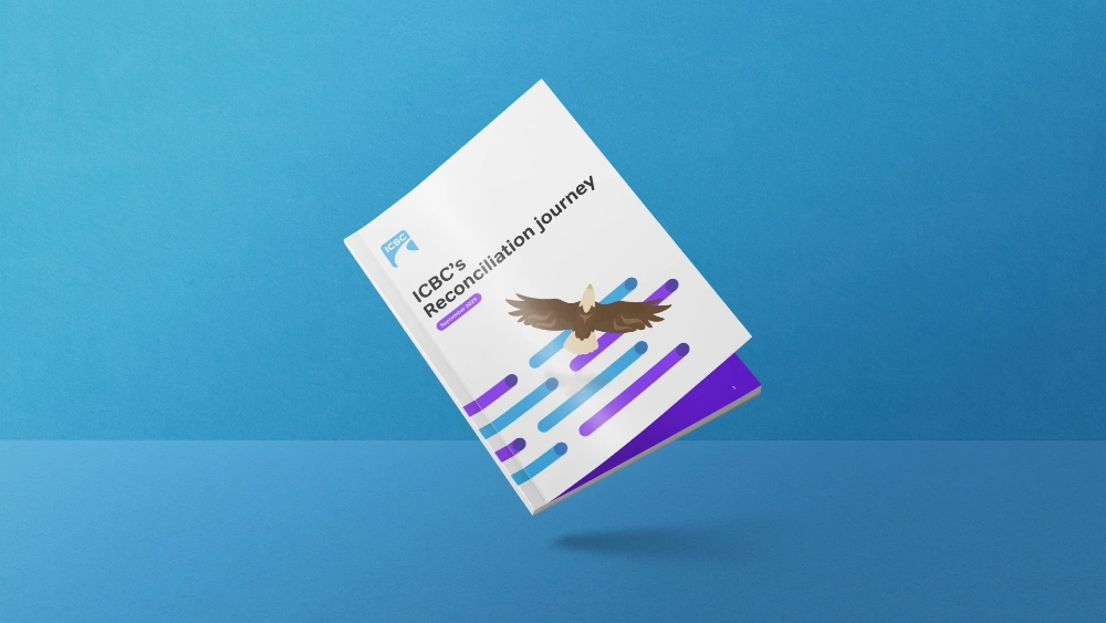 A white booklet titled "ICBC's Reconciliation Journey" with a graphic of an eagle and purple and blue lines.